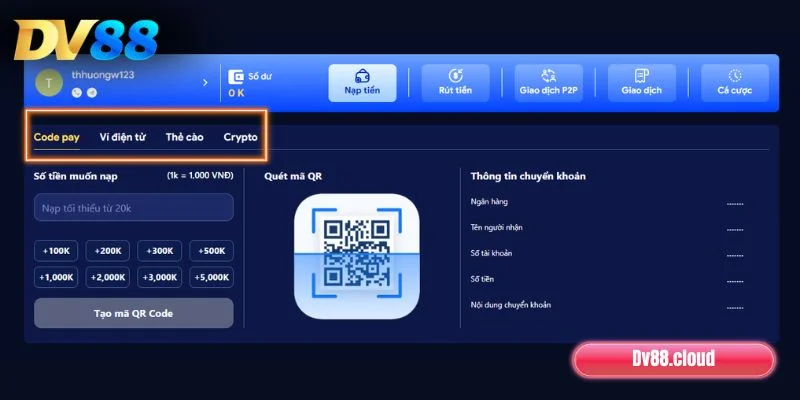 Các phương thức nạp tiền DV88 hỗ trợ hội viên